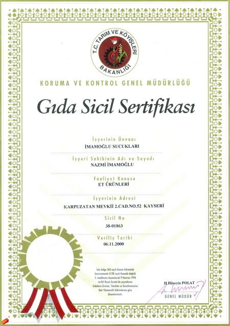 Gıda Sicil Sertifikası